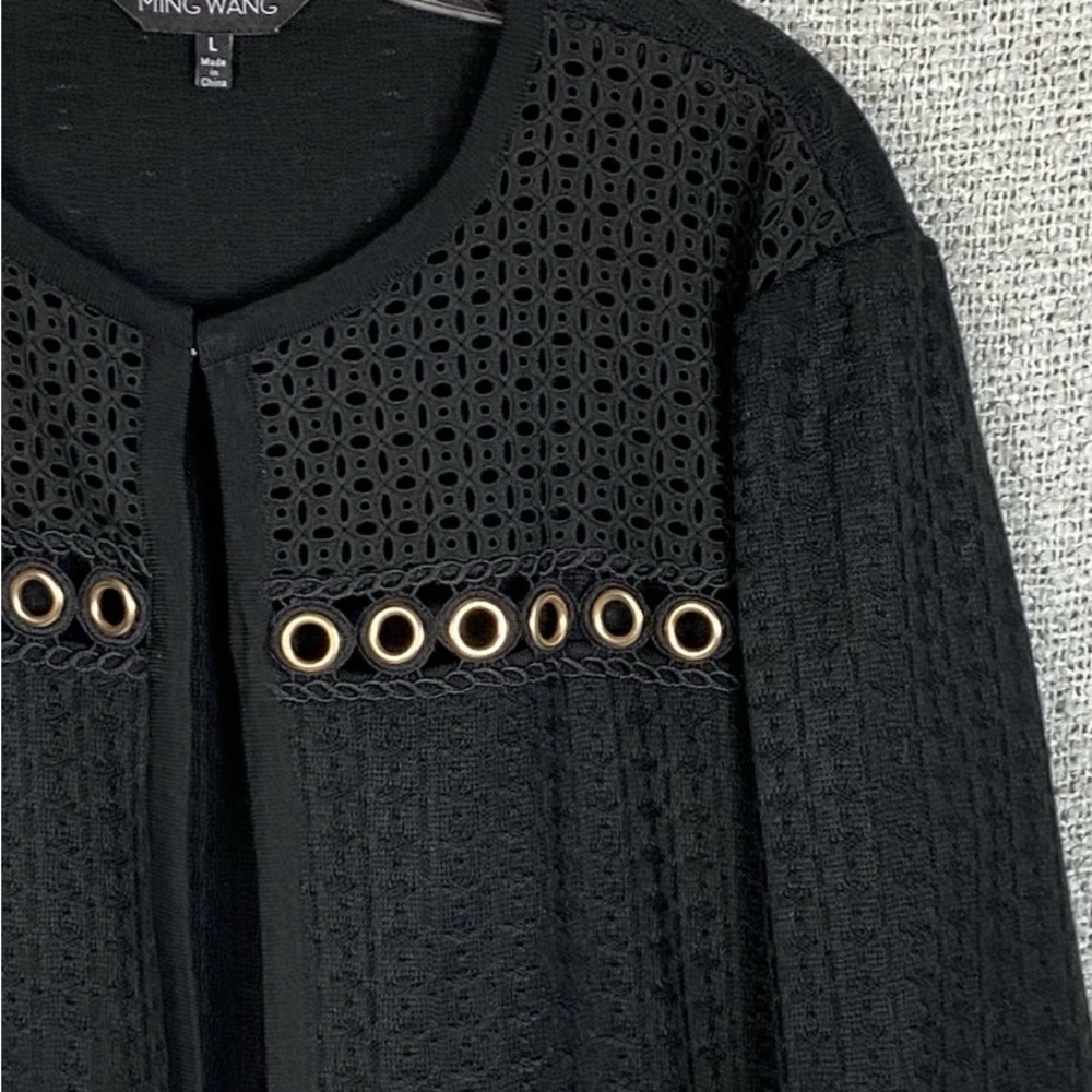Ming Wang Sweater Cardigan Womens L Eyelet Panels Professional Classic Old Money - Picture 3 of 16